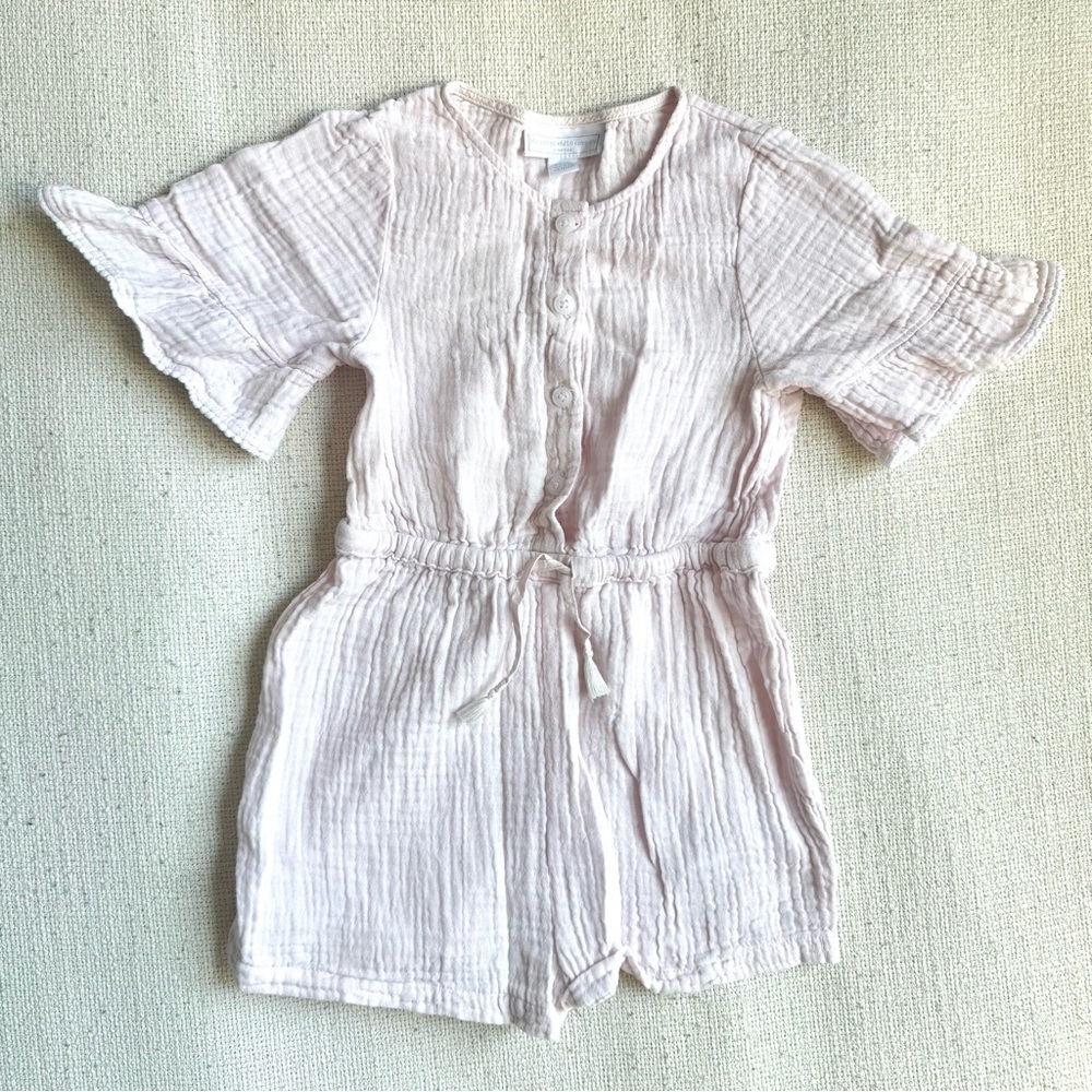 The Little White Company Muslin Romper 3–4Y Pink Cotton Gauze Flutter Sleeve